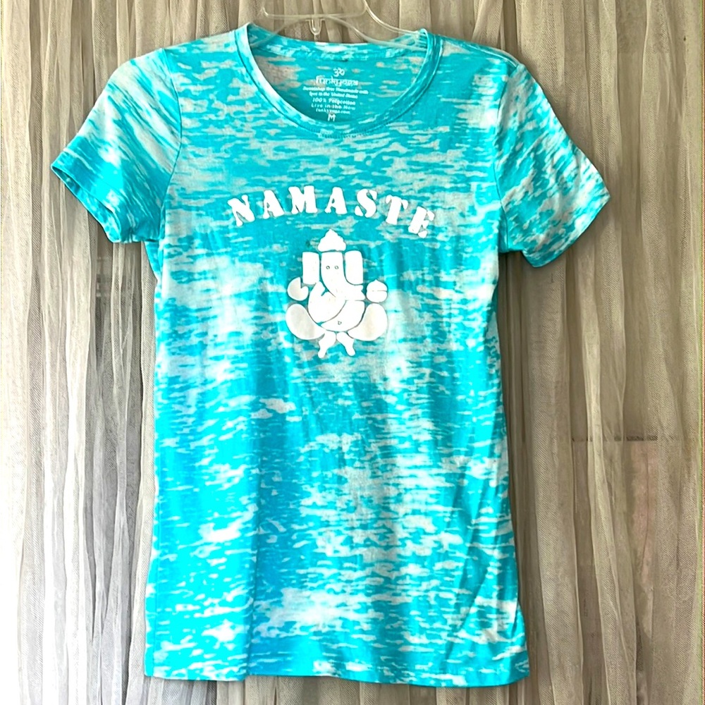 ⭐️ Funkyoga Namaste aqua blue & white tie dyed short sleeve crew neck women M
